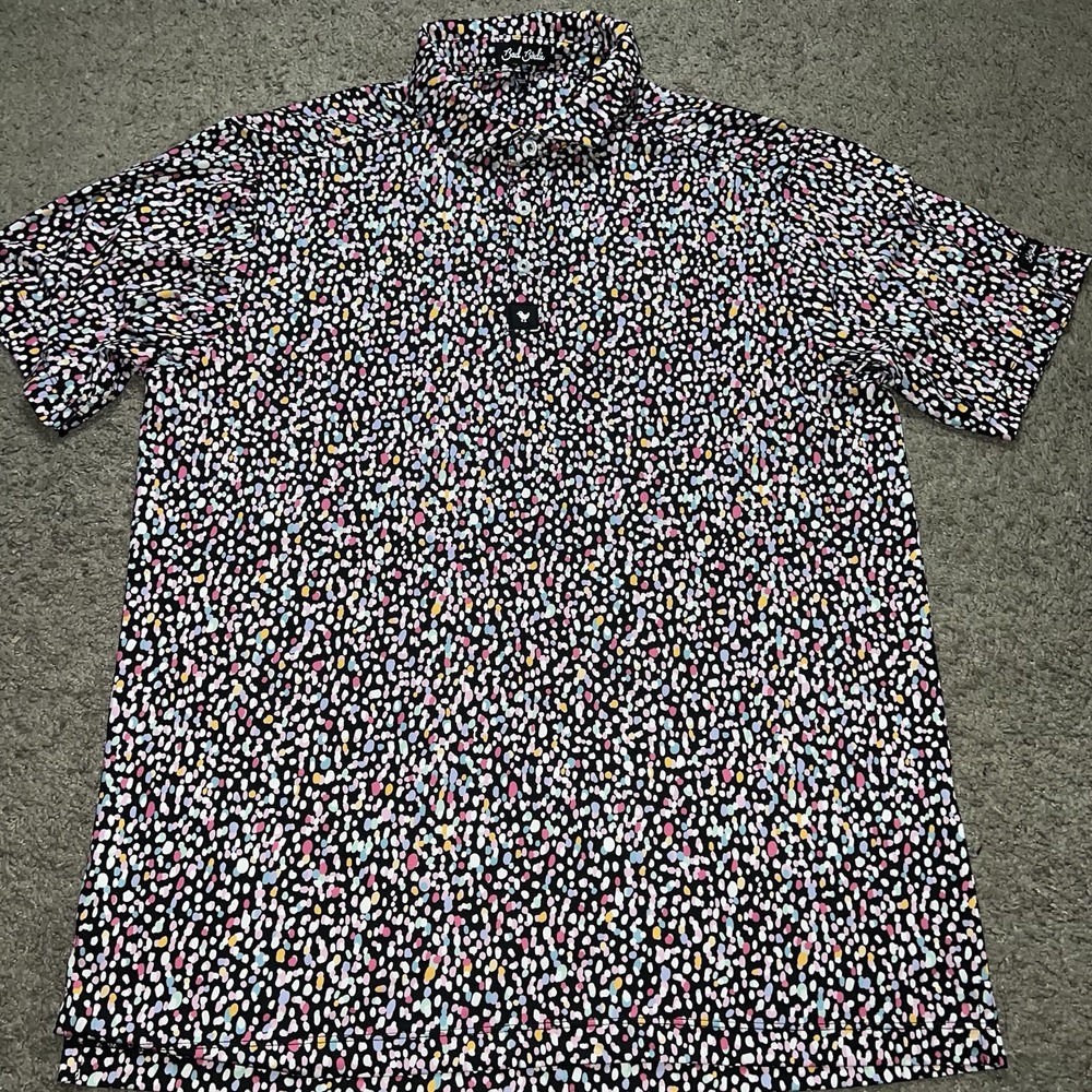 Bad Birdie Polo Shirt Men Large Black Pink Splatter Golf Performance Stretch